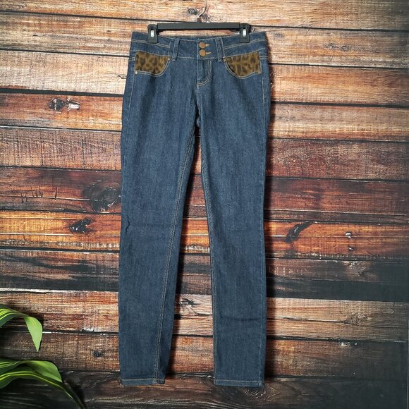 XXI Premium Denim Forever 21 Jeans 28 Dark Wash Leopard Print Embellished Skinny - Picture 5 of 8